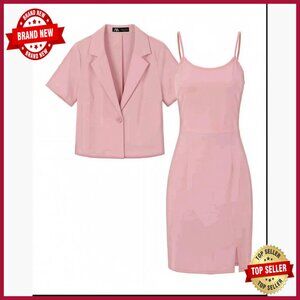 Cropped Blazer Dress Suit Set, Stretch Polyester, Office Work Professional